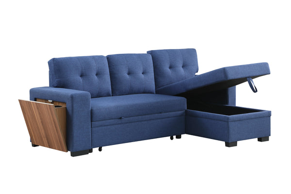 English Elm 3 Linen-Blend Upholstered Sectional Sofa with Chaise, Hidden Storage, Pull-Out Loveseat & Cupholder Blue B102S00067