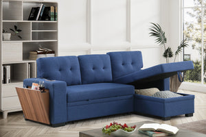 English Elm 3 Linen-Blend Upholstered Sectional Sofa with Chaise, Hidden Storage, Pull-Out Loveseat & Cupholder Blue B102S00067