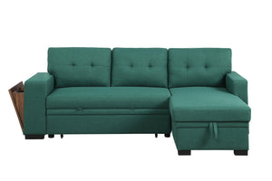 English Elm 3 Linen-Blend Upholstered Sectional Sofa with Chaise, Hidden Storage, Pull-Out Loveseat & Cupholder Green B102S00068