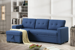 English Elm 3 Linen-Blend Upholstered Sectional Sofa with Chaise, Hidden Storage, Pull-Out Loveseat & Cupholder Blue B102S00067