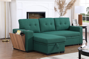 English Elm 3 Linen-Blend Upholstered Sectional Sofa with Chaise, Hidden Storage, Pull-Out Loveseat & Cupholder Green B102S00068