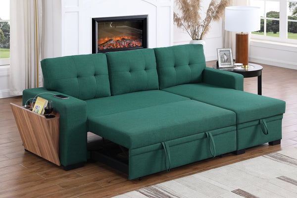 English Elm 3 Linen-Blend Upholstered Sectional Sofa with Chaise, Hidden Storage, Pull-Out Loveseat & Cupholder Green B102S00068