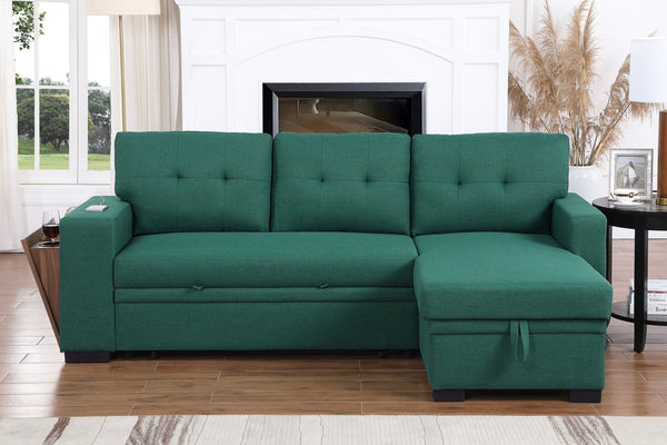 English Elm 3 Linen-Blend Upholstered Sectional Sofa with Chaise, Hidden Storage, Pull-Out Loveseat & Cupholder Green B102S00068