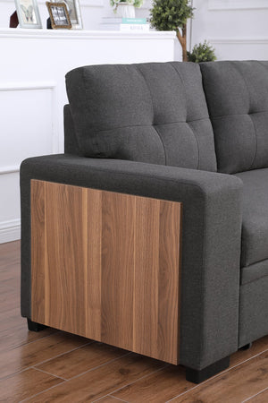 English Elm 3 Linen-Blend Upholstered Sectional Sofa with Chaise, Hidden Storage, Pull-Out Loveseat & Cupholder Dark Gray B102S00065