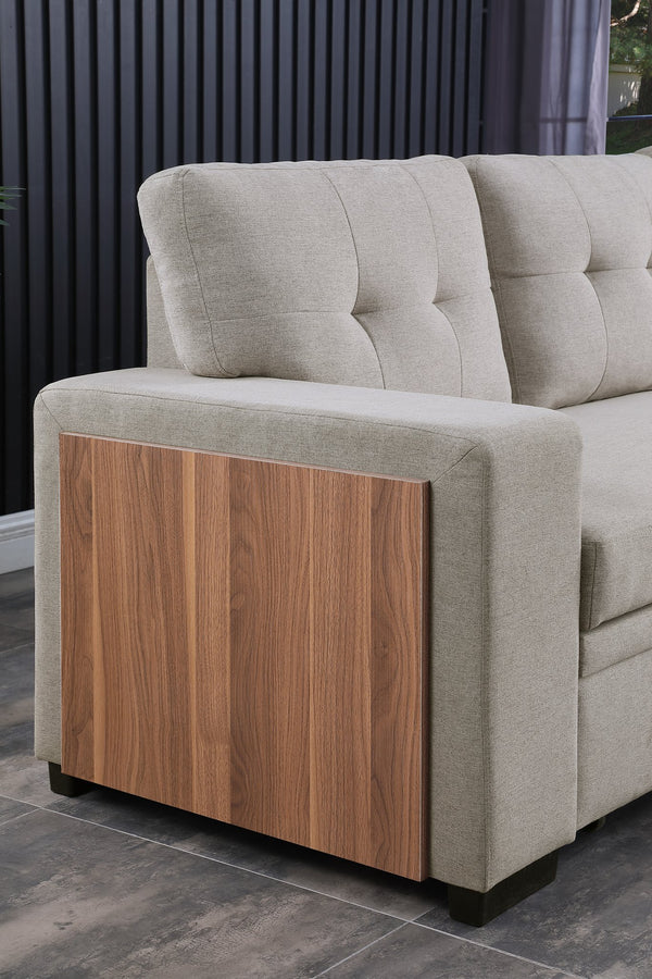 English Elm 3 Linen-Blend Upholstered Sectional Sofa with Chaise, Hidden Storage, Pull-Out Loveseat & Cupholder Light Gray B102S00066