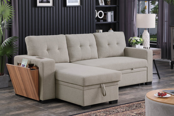 English Elm 3 Linen-Blend Upholstered Sectional Sofa with Chaise, Hidden Storage, Pull-Out Loveseat & Cupholder Light Gray B102S00066