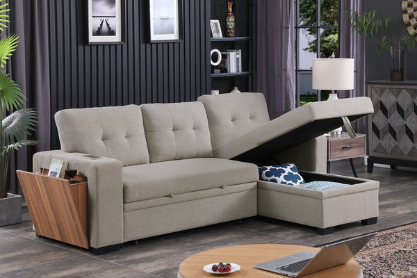 English Elm 3 Linen-Blend Upholstered Sectional Sofa with Chaise, Hidden Storage, Pull-Out Loveseat & Cupholder Light Gray B102S00066