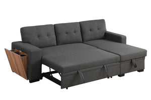 English Elm 3 Linen-Blend Upholstered Sectional Sofa with Chaise, Hidden Storage, Pull-Out Loveseat & Cupholder Dark Gray B102S00065