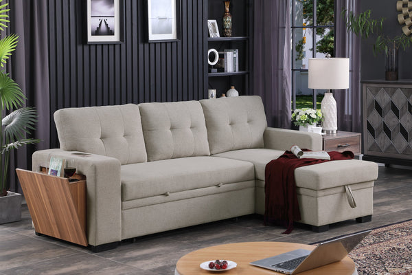 English Elm 3 Linen-Blend Upholstered Sectional Sofa with Chaise, Hidden Storage, Pull-Out Loveseat & Cupholder Light Gray B102S00066