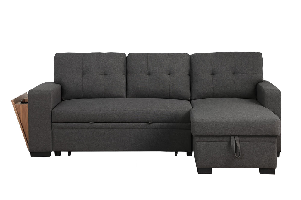 English Elm 3 Linen-Blend Upholstered Sectional Sofa with Chaise, Hidden Storage, Pull-Out Loveseat & Cupholder Dark Gray B102S00065
