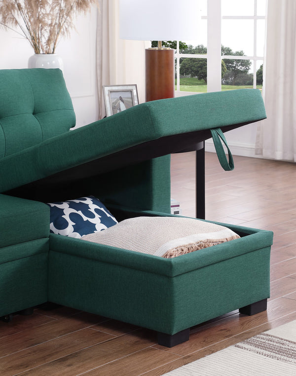 English Elm 3 Linen-Blend Upholstered Sectional Sofa with Chaise, Hidden Storage, Pull-Out Loveseat & Cupholder Green B102S00068