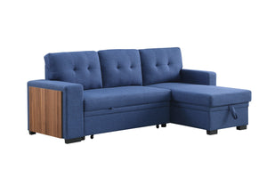 English Elm 3 Linen-Blend Upholstered Sectional Sofa with Chaise, Hidden Storage, Pull-Out Loveseat & Cupholder Blue B102S00067