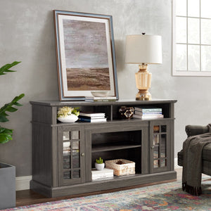 English Elm Classic Walnut Media Console with Glass Door Storage Open Shelving for 65 Inch Tvs W1758P147683