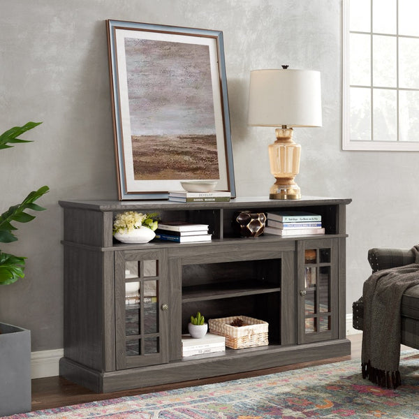 English Elm Classic Walnut Media Console with Glass Door Storage Open Shelving for 65 Inch Tvs W1758P147683