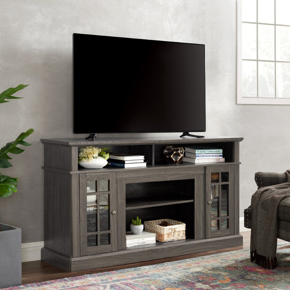 English Elm Classic Walnut Media Console with Glass Door Storage Open Shelving for 65 Inch Tvs W1758P147683