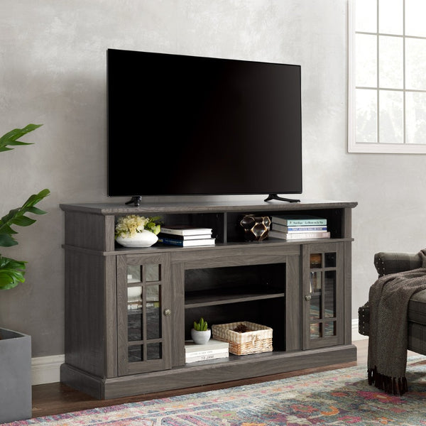 English Elm Classic Walnut Media Console with Glass Door Storage Open Shelving for 65 Inch Tvs W1758P147683