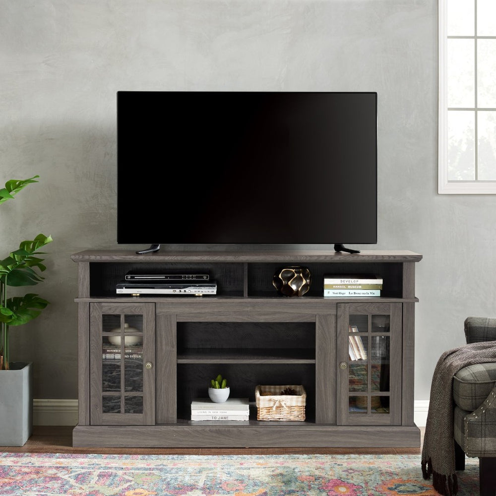 English Elm Classic Walnut Media Console with Glass Door Storage Open Shelving for 65 Inch Tvs W1758P147683
