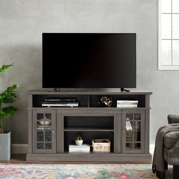 English Elm Classic Walnut Media Console with Glass Door Storage Open Shelving for 65 Inch Tvs W1758P147683