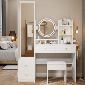 English Elm Full Body Mirror Cabinet with LED Round 17" Vanity Table, Cushioned Stool, 2AC+2USB, Touch 3-Color Brightness Adjustable Large Desktop White W936P160027
