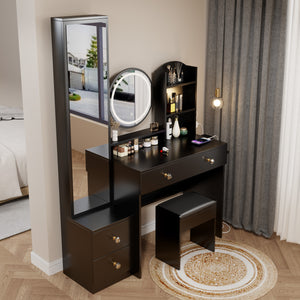 English Elm Full Body Mirror Cabinet with LED Round 17" Vanity Table, Cushioned Stool, 2AC+2USB, Touch 3-Color Brightness Adjustable Large Desktop Black W936P160029
