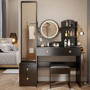 English Elm Full Body Mirror Cabinet with LED Round 17" Vanity Table, Cushioned Stool, 2AC+2USB, Touch 3-Color Brightness Adjustable Large Desktop Black W936P160029