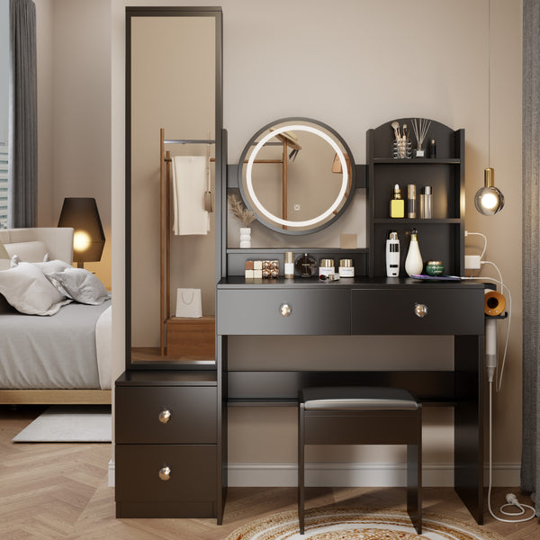 English Elm Full Body Mirror Cabinet with LED Round 17" Vanity Table, Cushioned Stool, 2AC+2USB, Touch 3-Color Brightness Adjustable Large Desktop Black W936P160029