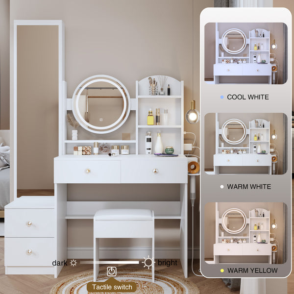 English Elm Full Body Mirror Cabinet with LED Round 17" Vanity Table, Cushioned Stool, 2AC+2USB, Touch 3-Color Brightness Adjustable Large Desktop White W936P160027