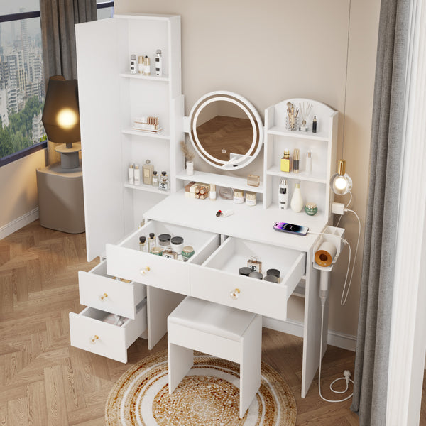English Elm Full Body Mirror Cabinet with LED Round 17" Vanity Table, Cushioned Stool, 2AC+2USB, Touch 3-Color Brightness Adjustable Large Desktop White W936P160027