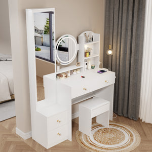 English Elm Full Body Mirror Cabinet with LED Round 17" Vanity Table, Cushioned Stool, 2AC+2USB, Touch 3-Color Brightness Adjustable Large Desktop White W936P160027