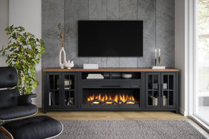English Elm 97 inch Fireplace TV Stand Console — Two-Tone Black & Whiskey Farmhouse Media Center w/ Fireplace Remote, Cable Management B108P160223