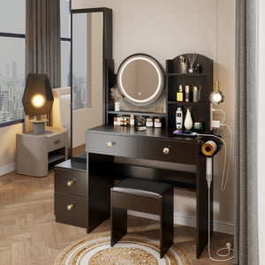English Elm Full Body Mirror Cabinet with LED Round 17" Vanity Table, Cushioned Stool, 2AC+2USB, Touch 3-Color Brightness Adjustable Large Desktop Black W936P160029