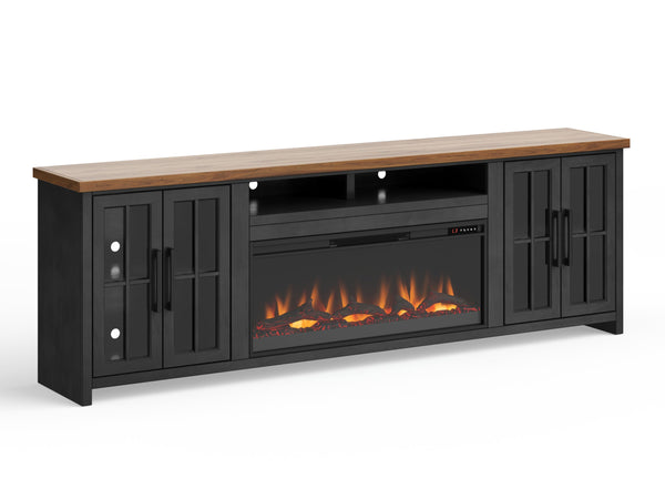 English Elm 97 inch Fireplace TV Stand Console — Two-Tone Black & Whiskey Farmhouse Media Center w/ Fireplace Remote, Cable Management B108P160223