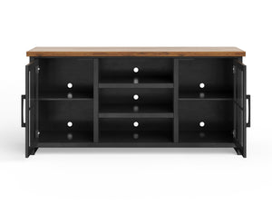 English Elm 67 Rustic TV Stand Console for TVs up to 80" — Two-Tone Black & Whiskey, Glass Doors, Cable Management B108P160146