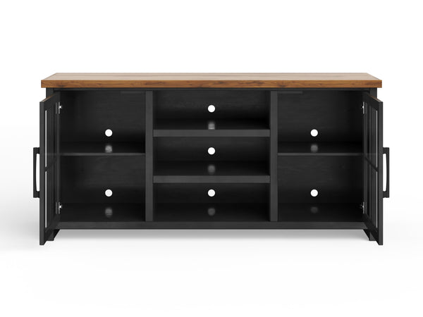 English Elm 67 Rustic TV Stand Console for TVs up to 80" — Two-Tone Black & Whiskey, Glass Doors, Cable Management B108P160146
