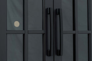 English Elm 96 Inch TV Stand Console - Two-Tone Black & Whiskey Farmhouse Entertainment Center, Preassembled, Fits 100" TVs, Glass Doors, Cable Management B108P160147