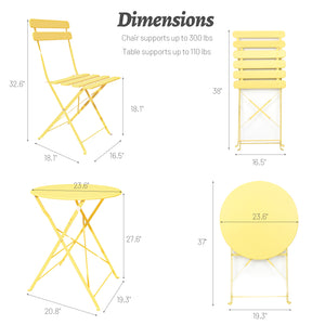 English Elm 3 Pieces Patio Bistro Metal Chair Table Set Compact Folding Balcony Ensemble with Sturdy Comfort - Space-Saving Stylish Design Yellow W400128191