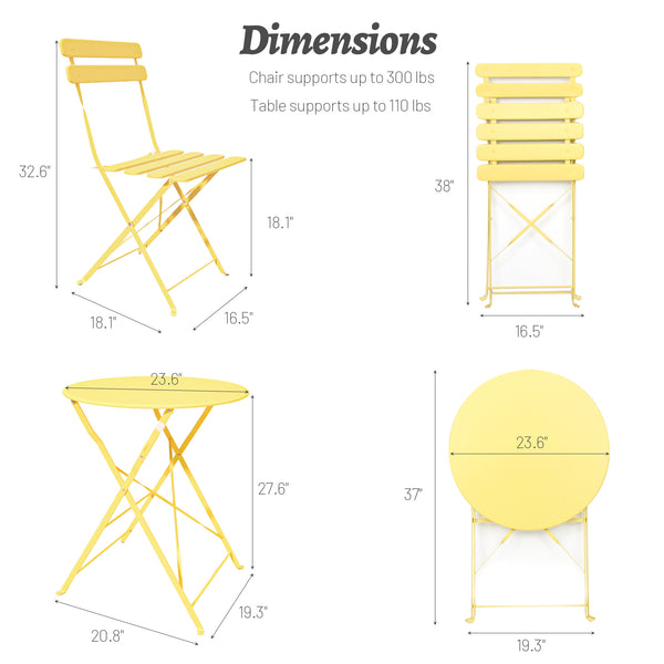 English Elm 3 Pieces Patio Bistro Metal Chair Table Set Compact Folding Balcony Ensemble with Sturdy Comfort - Space-Saving Stylish Design Yellow W400128191