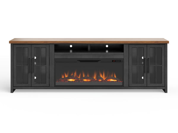 English Elm 97 inch Fireplace TV Stand Console — Two-Tone Black & Whiskey Farmhouse Media Center w/ Fireplace Remote, Cable Management B108P160223