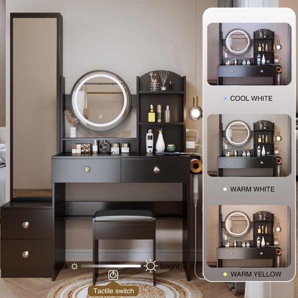 English Elm Full Body Mirror Cabinet with LED Round 17" Vanity Table, Cushioned Stool, 2AC+2USB, Touch 3-Color Brightness Adjustable Large Desktop Black W936P160029