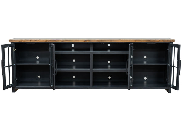 English Elm 96 Inch TV Stand Console - Two-Tone Black & Whiskey Farmhouse Entertainment Center, Preassembled, Fits 100" TVs, Glass Doors, Cable Management B108P160147