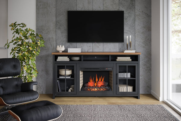 English Elm 74 Fireplace TV Stand Console for TVs up to 85", Two-Tone Black & Whiskey, Electric Insert, Storage B108P160222