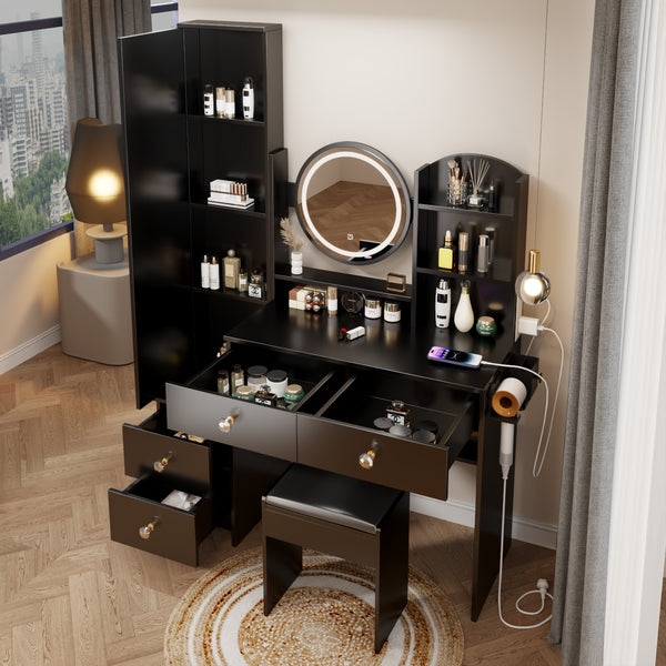 English Elm Full Body Mirror Cabinet with LED Round 17" Vanity Table, Cushioned Stool, 2AC+2USB, Touch 3-Color Brightness Adjustable Large Desktop Black W936P160029