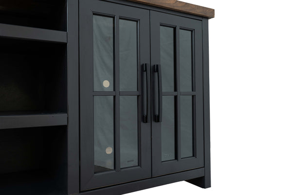 English Elm 96 Inch TV Stand Console - Two-Tone Black & Whiskey Farmhouse Entertainment Center, Preassembled, Fits 100" TVs, Glass Doors, Cable Management B108P160147