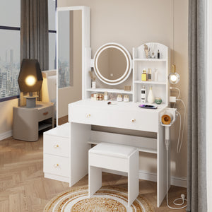 English Elm Full Body Mirror Cabinet with LED Round 17" Vanity Table, Cushioned Stool, 2AC+2USB, Touch 3-Color Brightness Adjustable Large Desktop White W936P160027