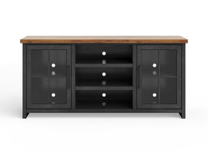 English Elm 67 Rustic TV Stand Console for TVs up to 80" — Two-Tone Black & Whiskey, Glass Doors, Cable Management B108P160146