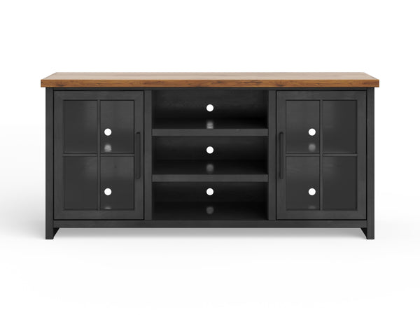 English Elm 67 Rustic TV Stand Console for TVs up to 80" — Two-Tone Black & Whiskey, Glass Doors, Cable Management B108P160146