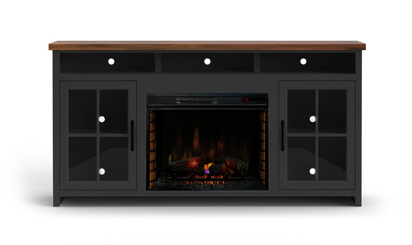 English Elm 74 Fireplace TV Stand Console for TVs up to 85", Two-Tone Black & Whiskey, Electric Insert, Storage B108P160222