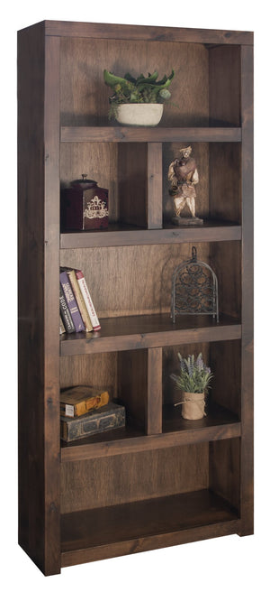 English Elm 79 Inch High Bookcase in Whiskey Finish — Solid Knotty Alder, 7 Shelves, Distressed Rustic Urban Style, Fully Assembled B108P160198