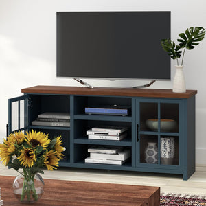 English Elm 67 Inch TV Stand Console Modern Farmhouse Two-Tone Jasmine Barnwood Finish Fully Assembled Storage and Cable Management for TVs Up to 80 Inches Blue B108P160177