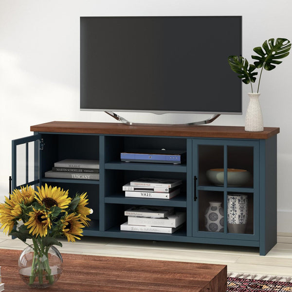 English Elm 67 Inch TV Stand Console Modern Farmhouse Two-Tone Jasmine Barnwood Finish Fully Assembled Storage and Cable Management for TVs Up to 80 Inches Blue B108P160177
